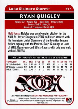 2012 Grandstand Lake Elsinore Storm #NNO Ryan Quigley Back