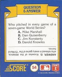 1991 Score Rookie & Traded - Magic Motion: World Series Trivia II #54 Q & A Card 54 Back