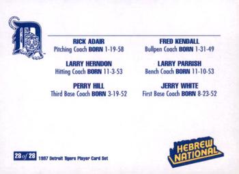 1997 Hebrew National Detroit Tigers #28 Rick Adair / Larry Herndon / Perry Hill / Fred Kendall Back