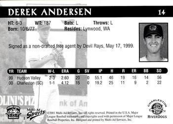 2001 Multi-Ad Charleston RiverDogs #2 Derek Andersen Back