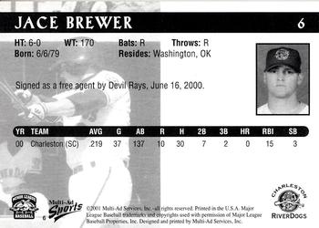 2001 Multi-Ad Charleston RiverDogs #6 Jace Brewer Back