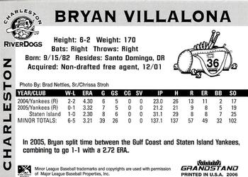 2006 Grandstand Charleston RiverDogs #NNO Bryan Villalona Back
