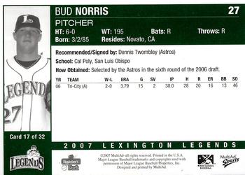2007 MultiAd Lexington Legends #17 Bud Norris Back