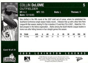 2008 MultiAd Lexington Legends #10 Collin DeLome Back