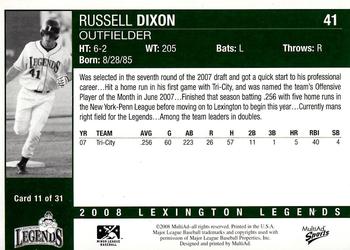 2008 MultiAd Lexington Legends #11 Russell Dixon Back