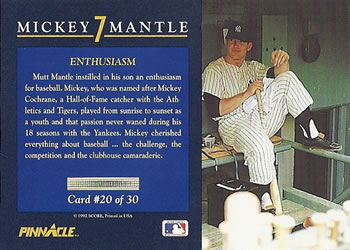 1992 Pinnacle Mickey Mantle #20 Enthusiasm Back