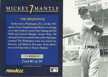 1992 Pinnacle Mickey Mantle #5 The Beginning Back