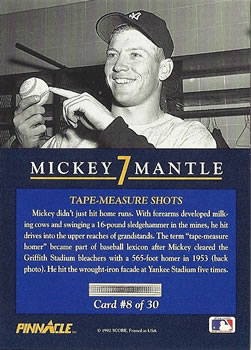 1992 Pinnacle Mickey Mantle #8 Tape-Measure Shots Back