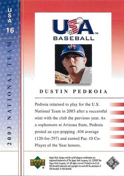 2003 Upper Deck USA Baseball National Team #USA 16 Dustin Pedroia Back
