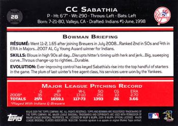 2009 Bowman #28 CC Sabathia Back