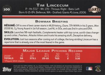 2009 Bowman #100 Tim Lincecum Back
