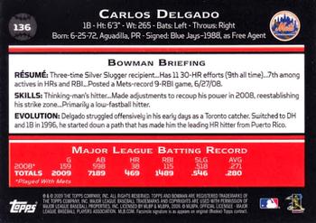 2009 Bowman #136 Carlos Delgado Back