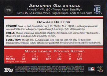 2009 Bowman #59 Armando Galarraga Back