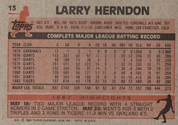 1983 Topps #13 Larry Herndon Back
