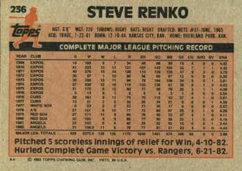1983 Topps #236 Steve Renko Back