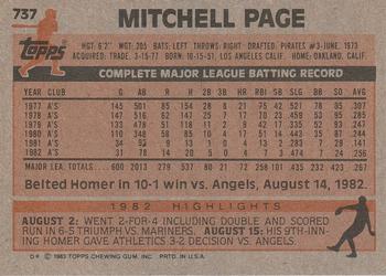 1983 Topps #737 Mitchell Page Back