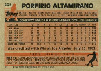 1983 Topps #432 Porfirio Altamirano Back