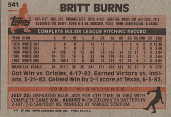 1983 Topps #541 Britt Burns Back