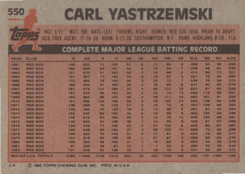 1983 Topps #550 Carl Yastrzemski Back