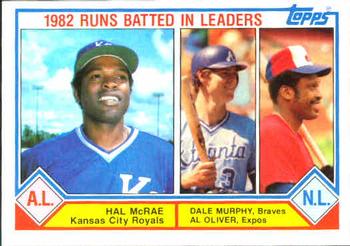 1983 Topps #703 1982 Runs Batted In Leaders (Hal McRae / Dale Murphy / Al Oliver) Front