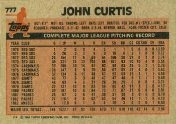 1983 Topps #777 John Curtis Back