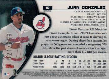 2001 Finest - Refractors #10 Juan Gonzalez Back