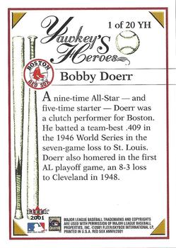 2001 Fleer Boston Red Sox 100th Anniversary - Yawkey's Heroes #1 YH Bobby Doerr Back