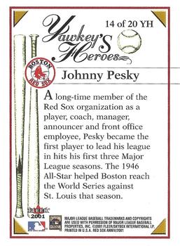2001 Fleer Boston Red Sox 100th Anniversary - Yawkey's Heroes #14 YH Johnny Pesky Back