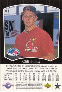 1998 SP Top Prospects #104 Cliff Politte Back