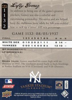 2008 Upper Deck Yankee Stadium Legacy #1132 Lefty Gomez Back
