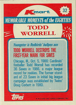 1988 Topps Kmart Memorable Moments #32 Todd Worrell Back