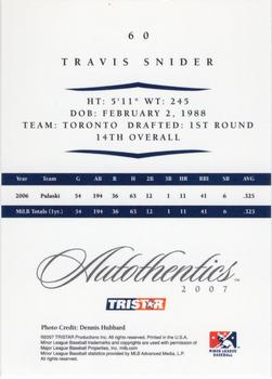 2007 TriStar Autothentics #60 Travis Snider Back