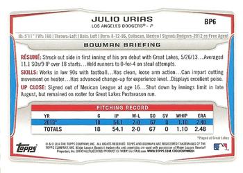 2014 Bowman - Prospects #BP6 Julio Urias Back