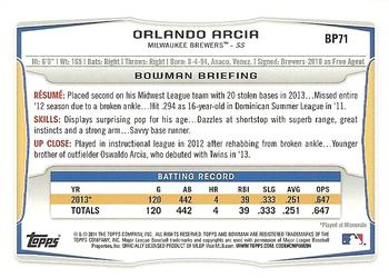 2014 Bowman - Prospects #BP71 Orlando Arcia Back