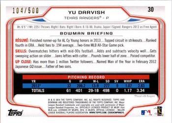 2014 Bowman - Blue #30 Yu Darvish Back