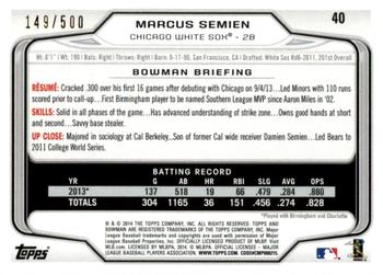 2014 Bowman - Blue #40 Marcus Semien Back