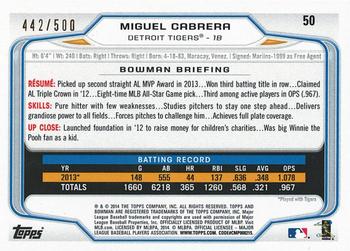 2014 Bowman - Blue #50 Miguel Cabrera Back