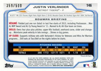 2014 Bowman - Blue #146 Justin Verlander Back