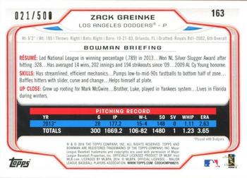 2014 Bowman - Blue #163 Zack Greinke Back