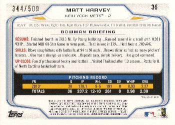 2014 Bowman - Blue #36 Matt Harvey Back