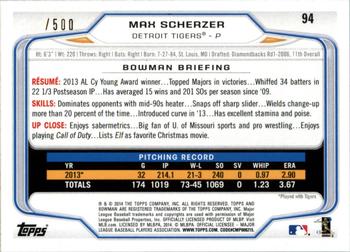 2014 Bowman - Blue #94 Max Scherzer Back