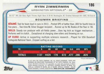 2014 Bowman - Hometown #186 Ryan Zimmerman Back