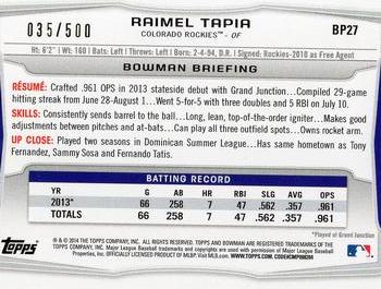 2014 Bowman - Prospects Blue #BP27 Raimel Tapia Back