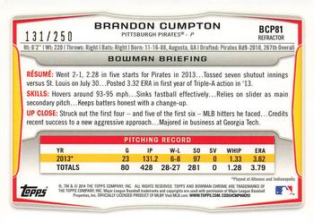 2014 Bowman - Chrome Prospects Blue Refractors #BCP81 Brandon Cumpton Back