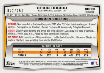 2014 Bowman - Chrome Prospects Blue Refractors #BCP100 Brian Ragira Back