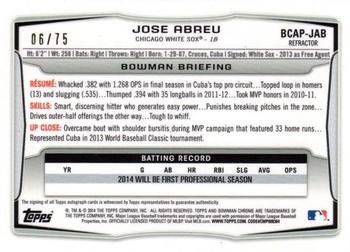 2014 Bowman - Chrome Prospect Autographs Green Refractors #BCAP-JAB Jose Abreu Back