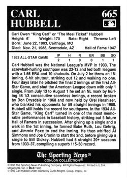 1992-93 Conlon TSN Gold Inserts #665 Carl Hubbell Back