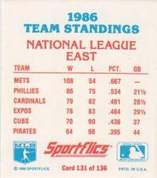 1987 Sportflics - Team Logo Trivia #131 1986 Team Standings: National League East Back