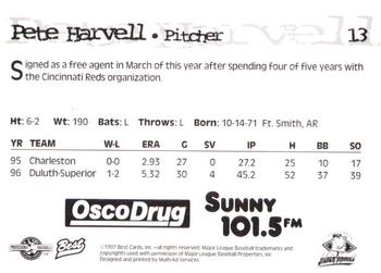 1997 Best South Bend Silver Hawks #13 Pete Harvell Back