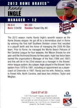 2013 Brandt Rome Braves #27 Randy Ingle Back